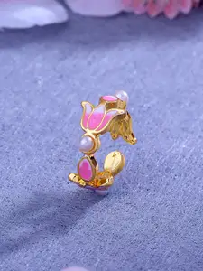 Estele Women Gold-Plated Enamelled Floral Design Adjustable Finger Ring