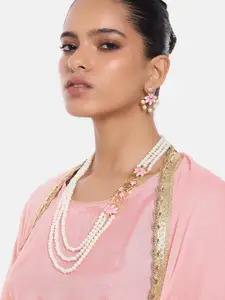 Estele Women Gold-Plated Pearl Studded Layered Floral Necklace with Earrings