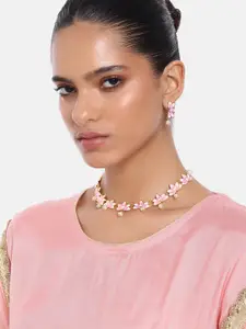 Estele Women Gold-Plated Pearl Studded Floral Necklace with Earrings