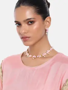 Estele Women Gold-Plated Pearl Studded Floral Necklace with Earrings