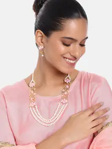Estele Women Gold-Plated Pearl Studded Layered Floral Necklace with Earrings