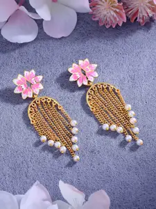 Estele Women Gold-Plated Pearl Studded Floral Drop Earrings