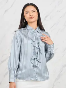Styli Women Vertical Striped Lurex Jacquard Frilled Neckline Ruffles Shirt Style Top