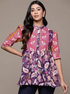 aarke Ritu Kumar Floral Print Mandarin Collar Puff Sleeves Cotton Peplum Longline Top