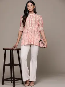 aarke Ritu Kumar Print Mandarin Collar Ethnic Cotton Peplum Longline Top