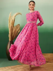 Sangria Bandhani Printed Georgette Ethnic Maxi Fit & Flared Dress With Belted Detail