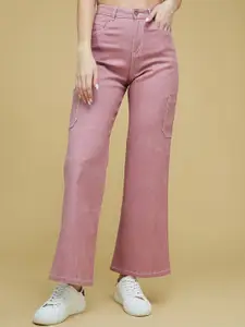 DressBerry Women Pink Wide Leg High-Rise Clean Look Stretchable Jeans