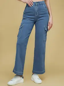 DressBerry Women Wide Leg High-Rise Low Distress Stretchable Jeans