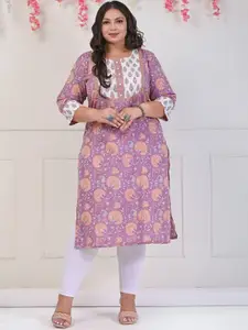 KALINI Plus Size Floral Printed Round Neck Cotton Straight Kurta