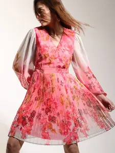 Vero Moda Floral Print Accordion Pleats Bishop Sleeves Fit & Flare Dress