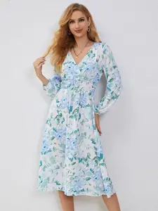 StyleCast Blue Floral Print Flutter Sleeve Chiffon Fit and Flare Midi Dress