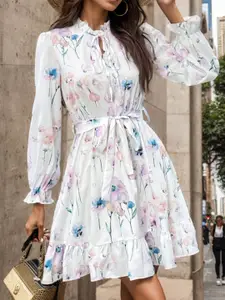 StyleCast White Floral Printed Tie-Up Neck Bell Sleeve Belted Fit & Flare Dress