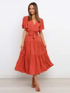 StyleCast Rust Flutter Sleeve Fit & Flare Midi Dress
