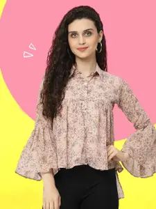 MISS AYSE Floral Printed Shirt Collar Bell Sleeves Georgette Shirt Style Top