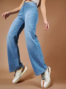 Roadster Women Wide Leg Mid RiseRegular Length Blast Effect Denim Jeans