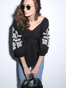Vero Moda Sweetheart Neck Puffed Sleeves Embroidered Pure Cotton Empire Top