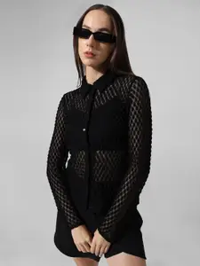 ONLY Self Design Semi Sheer Knitted Spread Collar Casual Shirt