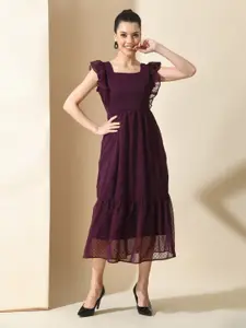 IUGA Self Design Square Neck Flutter Sleeve Fit & Flare Midi Dress