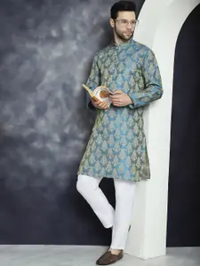 Anouk Blue Ethnic Motifs Woven Design Mandarin Collar Jacquard Kurta With Trousers