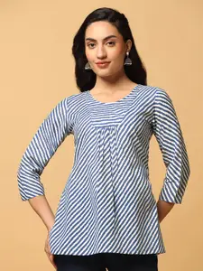 FASHION DREAM Stripe Printed Cotton Pleated Tunic Top