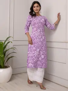 Nayo Lavender & White Floral Printed Cotton Straight Kurta