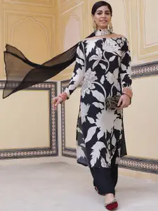 AKS Couture Floral Printed Off Shoulder Silk Crepe Kurta With Palazzos & Dupatta
