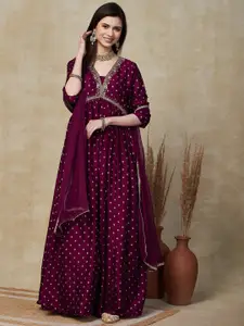 FASHOR Floral Embroidered V-neck Empire Maxi Ethnic Dress With Dupatta