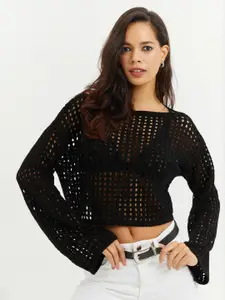Cool & Sexy Boat Neck Flared Sleeves Pure Acrylic Crop Top