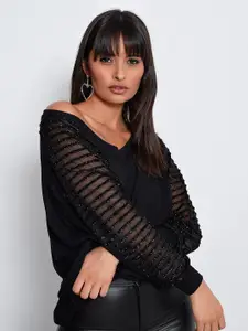Cool & Sexy Self Design V-Neck Long Sleeves Top