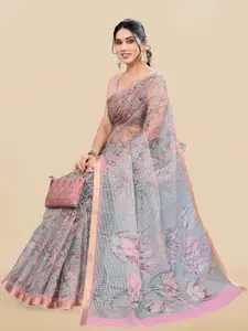 MIRCHI FASHION Grey & Pink Floral Printed Zari Saree