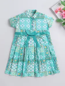 The Magic Wand Girls Floral Printed Shirt Collar Cotton Fit & Flare Dress