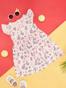 YU by Pantaloons Infants Girls Floral Printed Flutter Sleeves Cotton Fit & Flare Dress
