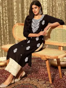 Anouk Black Floral Embroidered Round Neck A-Line Flared Kurta