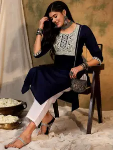 Anouk Navy Blue Floral Embroidered Round Neck Straight Kurtas