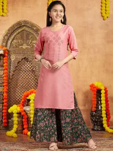 BAESD Girls Embellished Round Neck Three-Quarter Sleeves Cotton Straight Kurta