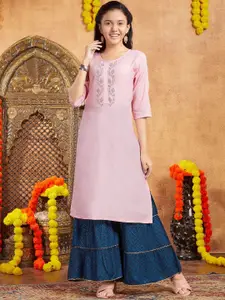 BAESD Girls Embellished Round Neck Three-Quarter Sleeves Cotton Straight Kurta