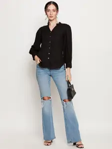 Ruhaans Classic Mandarin Collar Puff Sleeves High-Low Casual Shirt