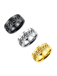 MEENAZ Men Set Of 3 Stainless Steel Gold-Plated & Silver-Plated Finger Rings