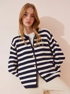 Happiness istanbul Striped Round Neck Acrylic Cardigan Sweater