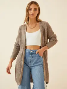 Happiness istanbul Open Knit Self Design Acrylic Longline Front-Open Sweater