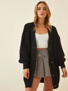 Happiness istanbul Cable Knit Self Design Acrylic Longline Front-Open Sweater