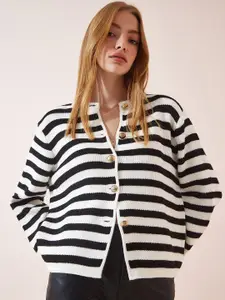 Happiness istanbul Striped Round Neck Acrylic Cardigan Sweater
