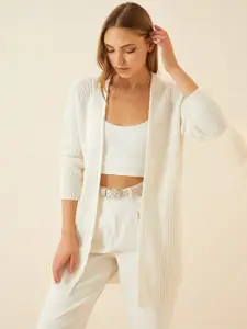 Happiness istanbul Open Knit Self Design Acrylic Longline Front-Open Sweater