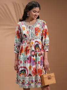 Vishudh White Floral Printed Embroidered Puff Sleeve Tasseled Fit and Flare Ethnic Dresses