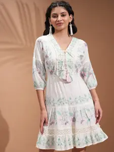Vishudh White Floral Embroidered Puff Sleeves Tasseled Fit and Flare Ethnic Dresses