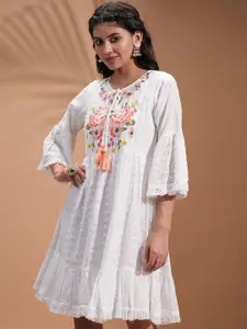 Vishudh White Floral Embroidered Bell Sleeves Tasseled Fit and Flare Ethnic Dresses