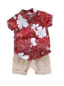 StyleCast Boys Red & Beige Floral Printed Shirt with Shorts