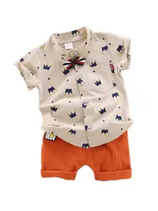 StyleCast Boys Khaki & Orange Printed Shirt with Shorts