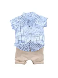 StyleCast Boys Blue Checked Shirt Collar Shirt with Shorts