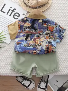StyleCast Boys Khaki Graphic Printed Pure Cotton Shirt with Shorts